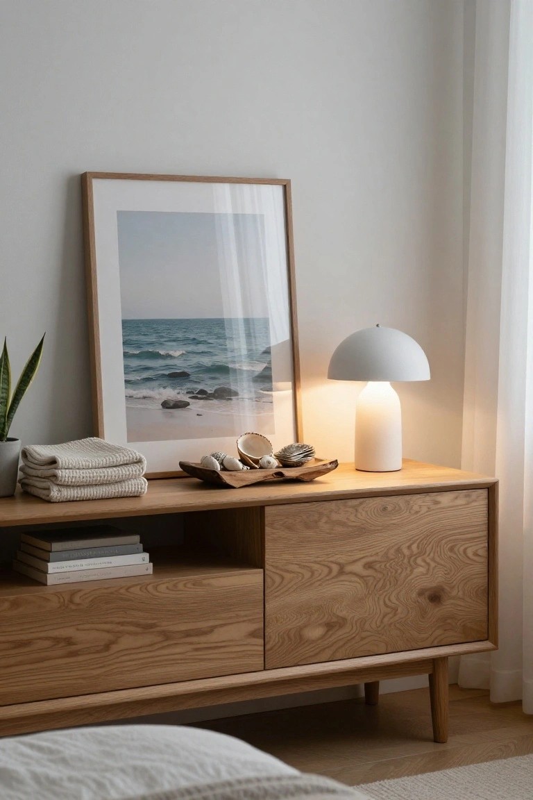 A light wood sideboard holds a large framed ocean print leaning against the wall, a white dome lamp, a wooden bowl with shells, stacked books, and folded white towels.