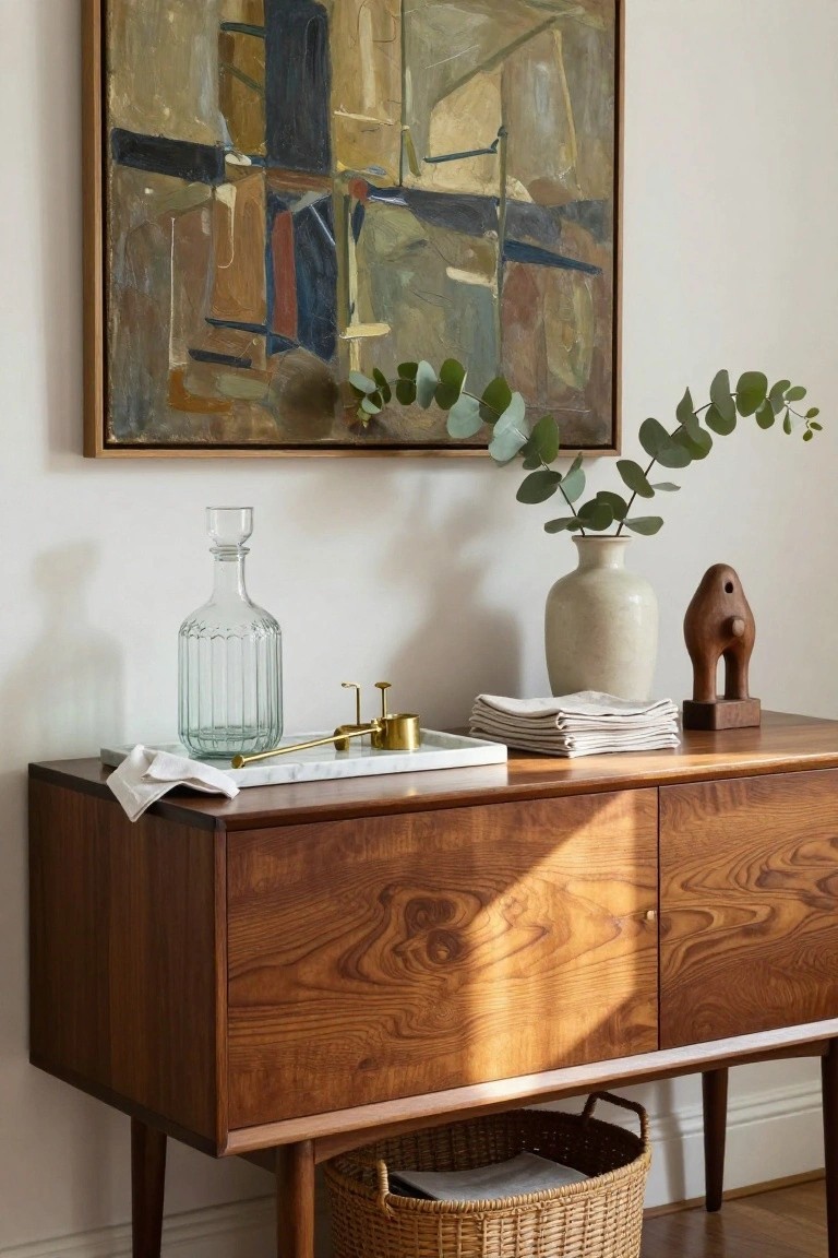 A wooden sideboard holds a glass decanter on a tray, a ceramic vase with eucalyptus, a wooden sculpture, and stacked linens beneath an abstract painting.