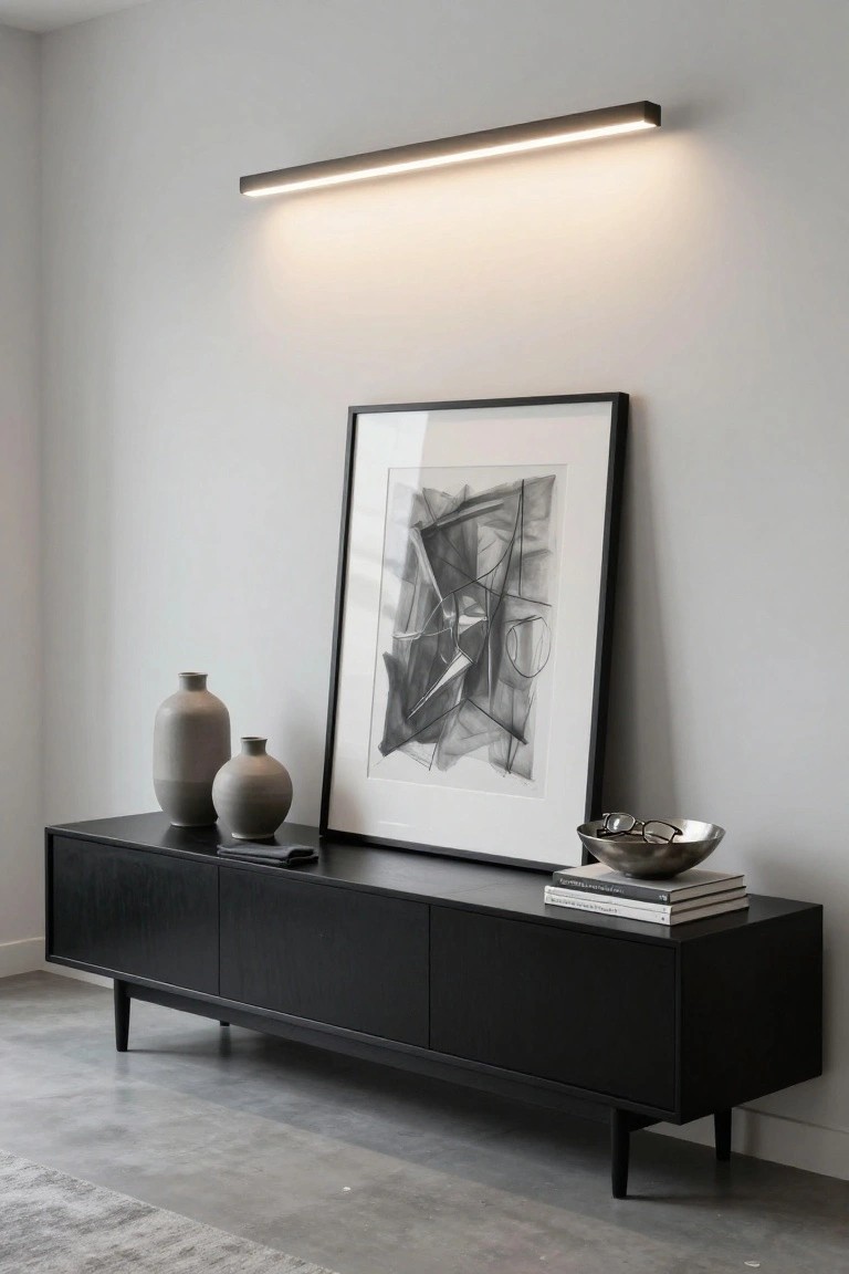 A black sideboard against a white wall with two ceramic vases on the left, a stack of books and a metal bowl on the right, and a large framed abstract artwork leaning above it under a long wall-mounted light.