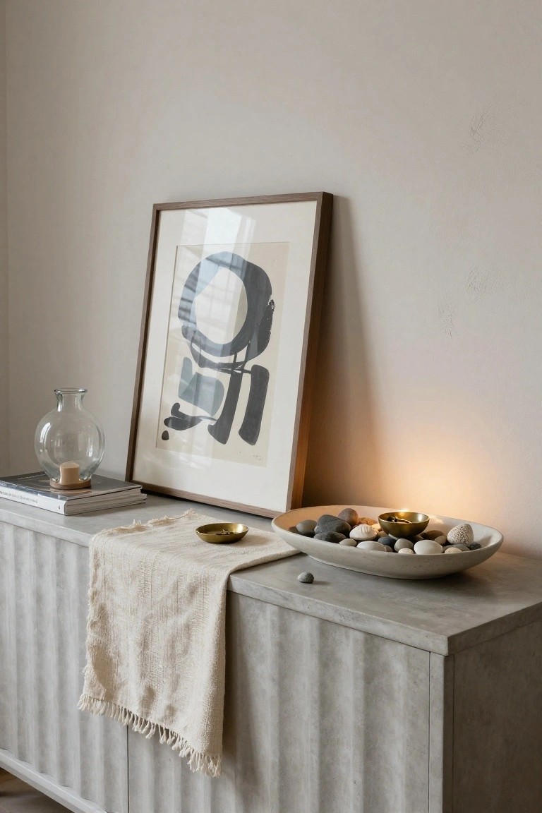 A concrete sideboard holds a large framed abstract artwork, stacked books with a glass vase, a linen runner, and bowls containing stones.
