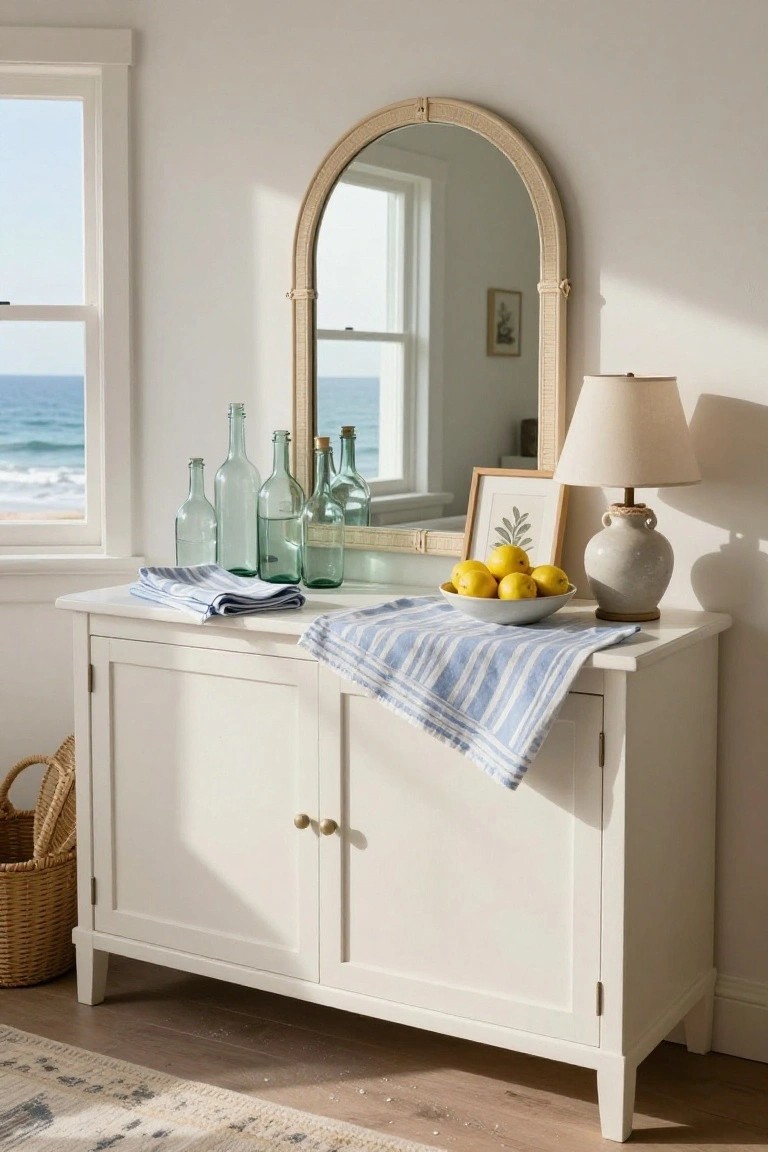 White sideboard with arched mirror, lemons, lamp, and sea view.