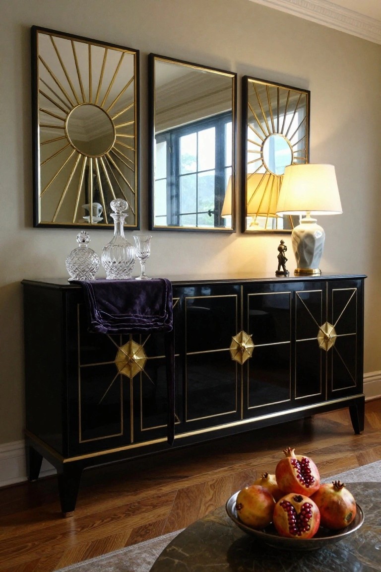 A black sideboard with gold trim holds glass decanters and a lamp, with three gold-framed mirrors mounted above it and a bowl of pomegranates in the foreground.