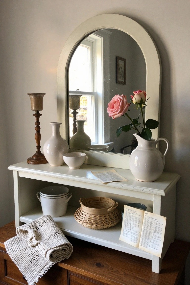 White console table with mirror, vases, roses, and woven baskets.