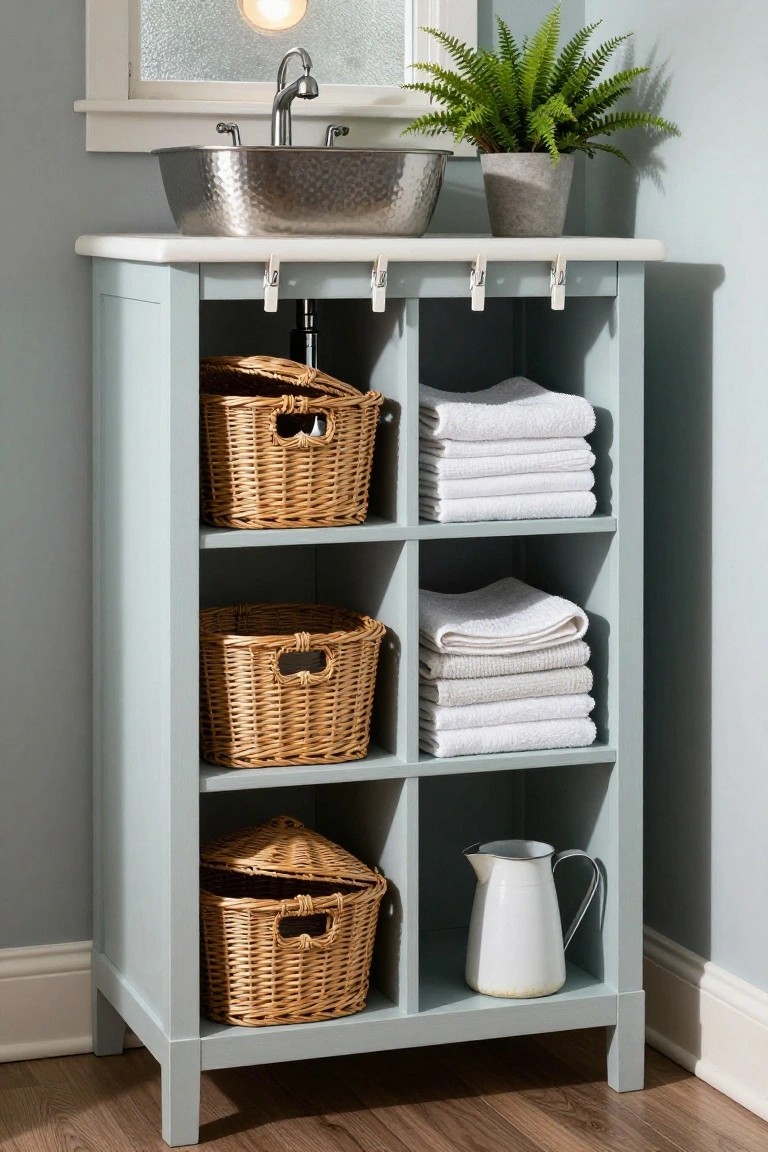 Sage bathroom cabinet with woven baskets, towels, and vessel sink.