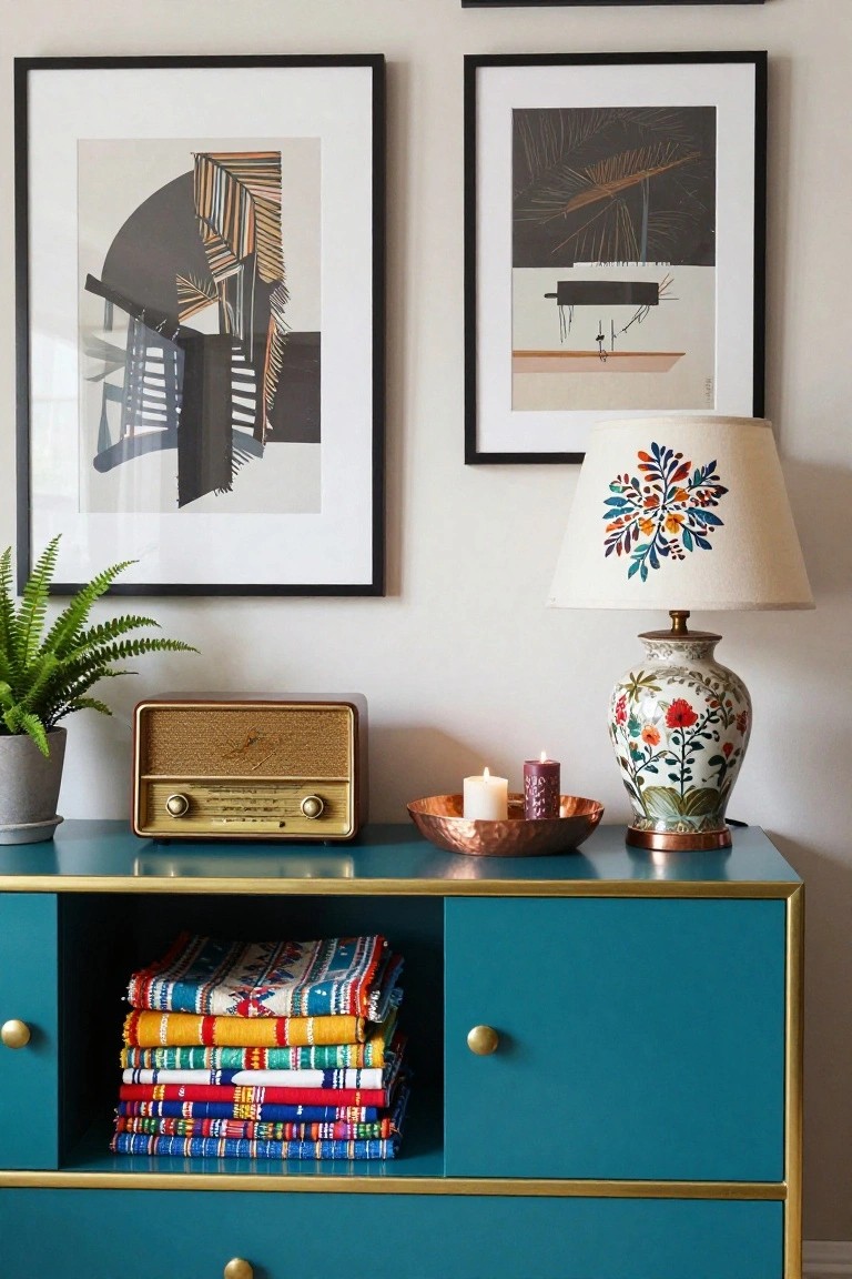 A teal sideboard with a vintage radio, floral lamp, and bowl of candles on top, plus stacked colorful textiles visible in the open lower shelf and two framed prints on the wall above.