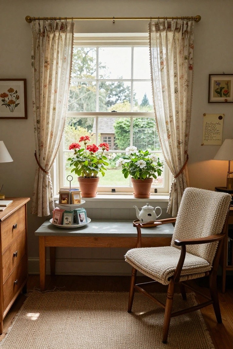 Sunlit interior room with sheer floral curtains on a large multi-pane window, potted red geranium and white flowering plants on the sill, tiered stand holding tea tins on a wooden table below, and a cream tufted armchair with wooden legs positioned nearby, wooden dresser and lamp in the corner.