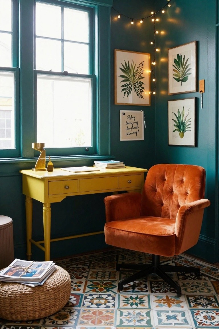 Corner indoor office with teal walls, yellow desk topped with books and a brass hourglass, orange tufted swivel chair, woven pouf stool holding magazines, large multipane window, plant prints on walls, string lights, and colorful patterned tile floor.
