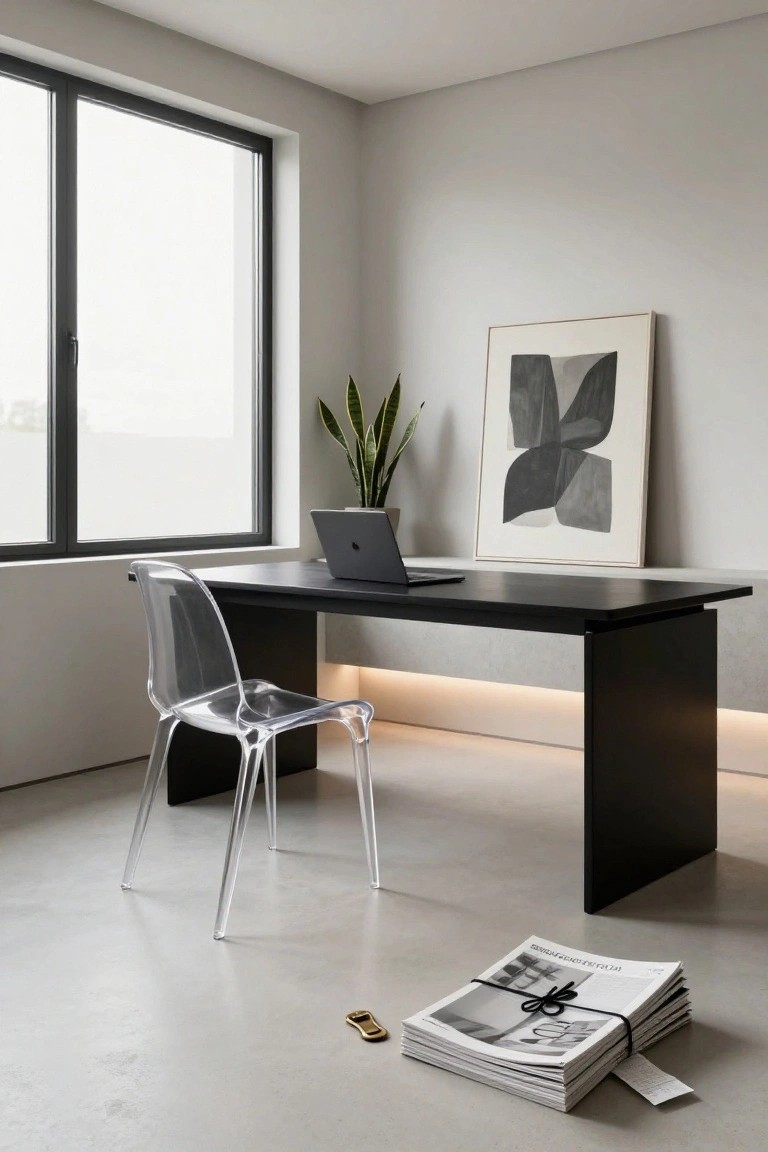 Minimalist home office with black desk holding MacBook laptop, transparent chair pushed in, potted snake plant, abstract black and white wall art in frame, stack of tied newspapers and small gold bottle opener on polished concrete floor, large window on side wall.