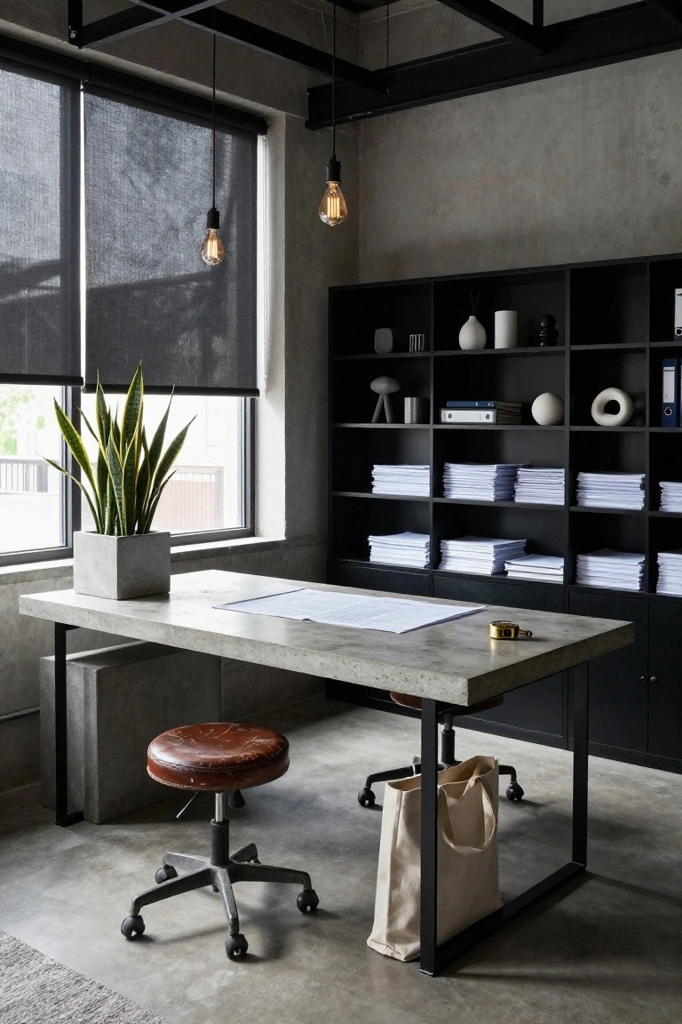 Industrial office interior with large gray concrete desk on black metal legs, black shelving unit holding stacked papers, white ceramics, and books, potted snake plant by window with blinds, leather stool, wheeled office chair, canvas tote bag, and hanging bulb lights.