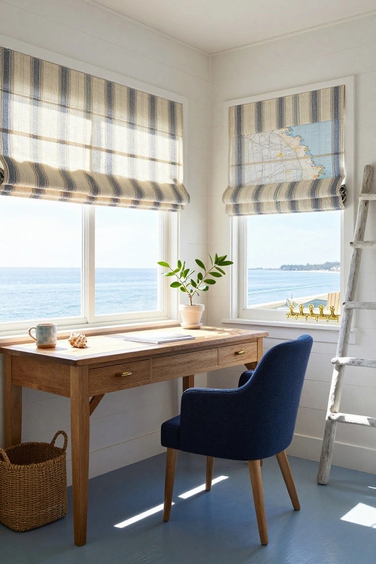 Coastal room with wooden desk, blue chair, striped blinds, and ocean view.