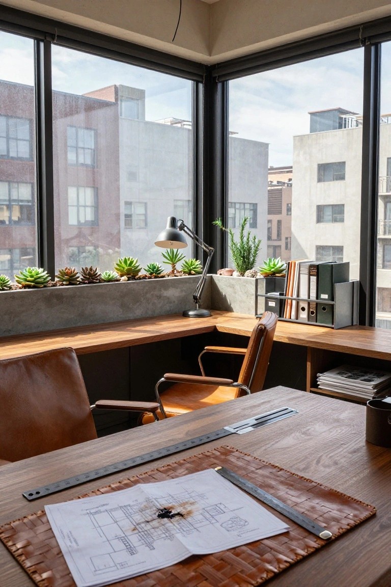 Corner home office desk made of wood with a leather chair, large corner windows overlooking buildings, row of succulents in concrete trough, desk lamp, and blueprint on leather mat.