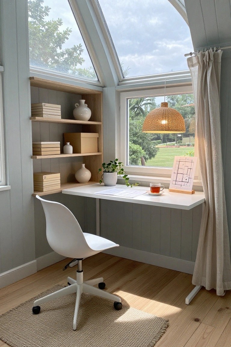 Light-filled corner office with white desk under built-in wooden shelves holding books, ceramic vases, and boxes, next to large windows showing trees and a lawn, in a pale blue paneled room with a white Eames-style chair.
