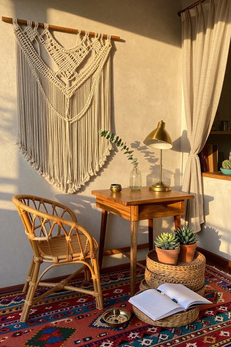 Cozy corner with macramé wall hanging, wooden table, rattan chair, and potted succulents.