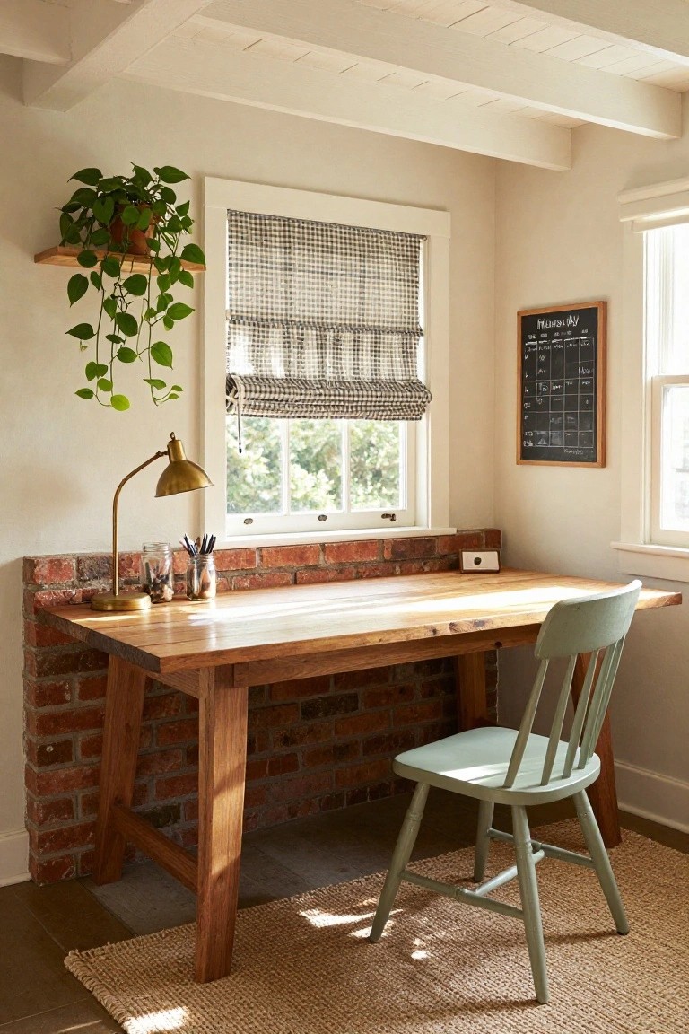 Home office corner with wooden desk against red brick wall base, green ladder-back chair, brass desk lamp, glass jars with pens on desk, hanging potted plant above, checkered blinds on window, and chalkboard calendar on wall.