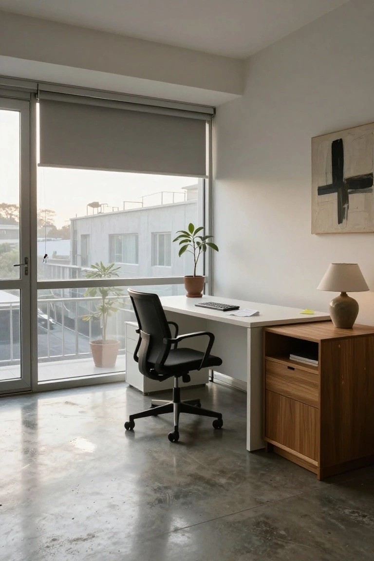 A modern home office corner with a white desk and black swivel chair next to floor-to-ceiling sliding glass doors, a wooden cabinet with lamp, potted plants, and an urban sunset view outside.