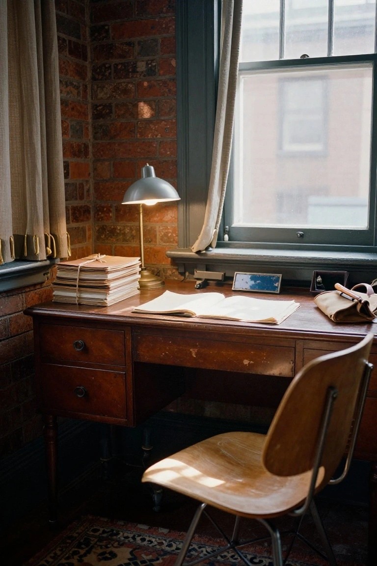 Wooden desk in corner of brick-walled room with open book, stacked papers, desk lamp, leather bag, wooden chair, large window with sheer curtain, and rug on floor