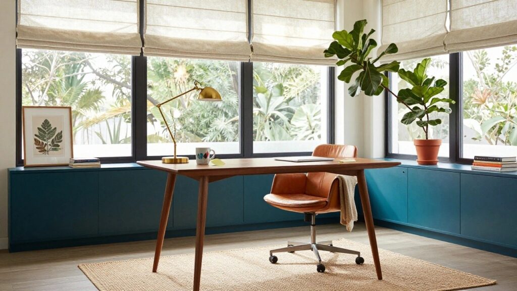 Corner home office with wooden desk, orange leather chair, large potted fiddle leaf fig plant beside teal built-in cabinets, gold desk lamp, books, mug, and sunlight through black-framed windows with linen shades.