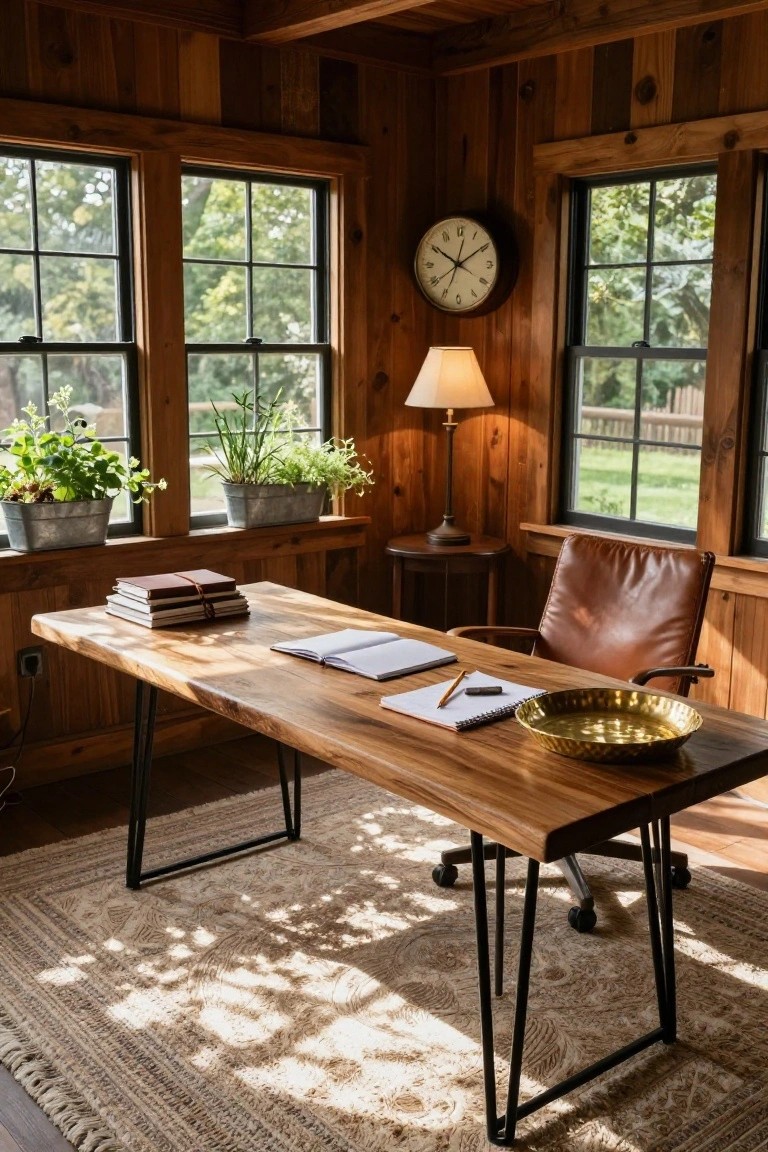 Wood-paneled sunroom office interior with large multi-pane windows, wooden desk topped with books and notebook, leather chair, potted plants, wall clock, table lamp, and view of green yard outside.