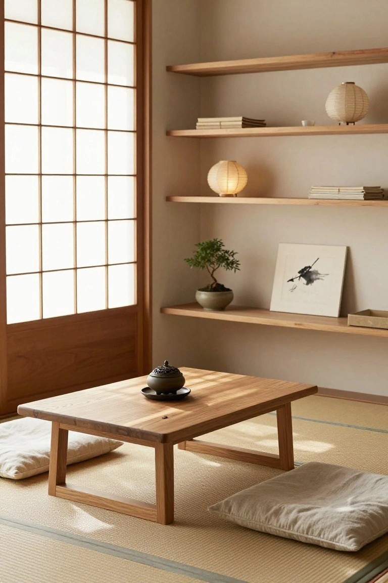 Japanese-style interior room with shoji screen windows, floating wooden shelves displaying books, ceramics, and a bonsai plant, a low wooden table holding an incense burner, and beige cushions on tatami floor mats.