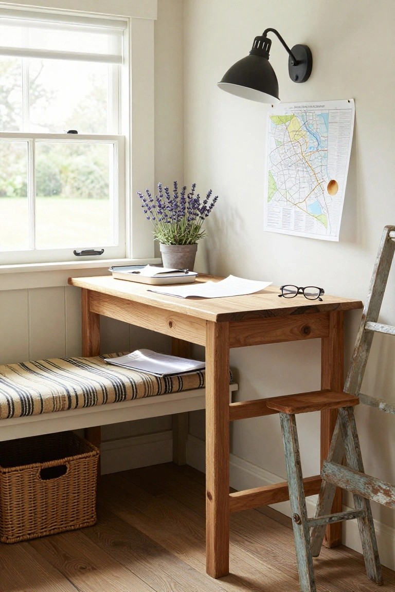 A compact wooden desk with striped bench seating in a light corner room, next to a large window with greenery outside, lavender plant, wall map, glasses on desk, and wooden ladder nearby.
