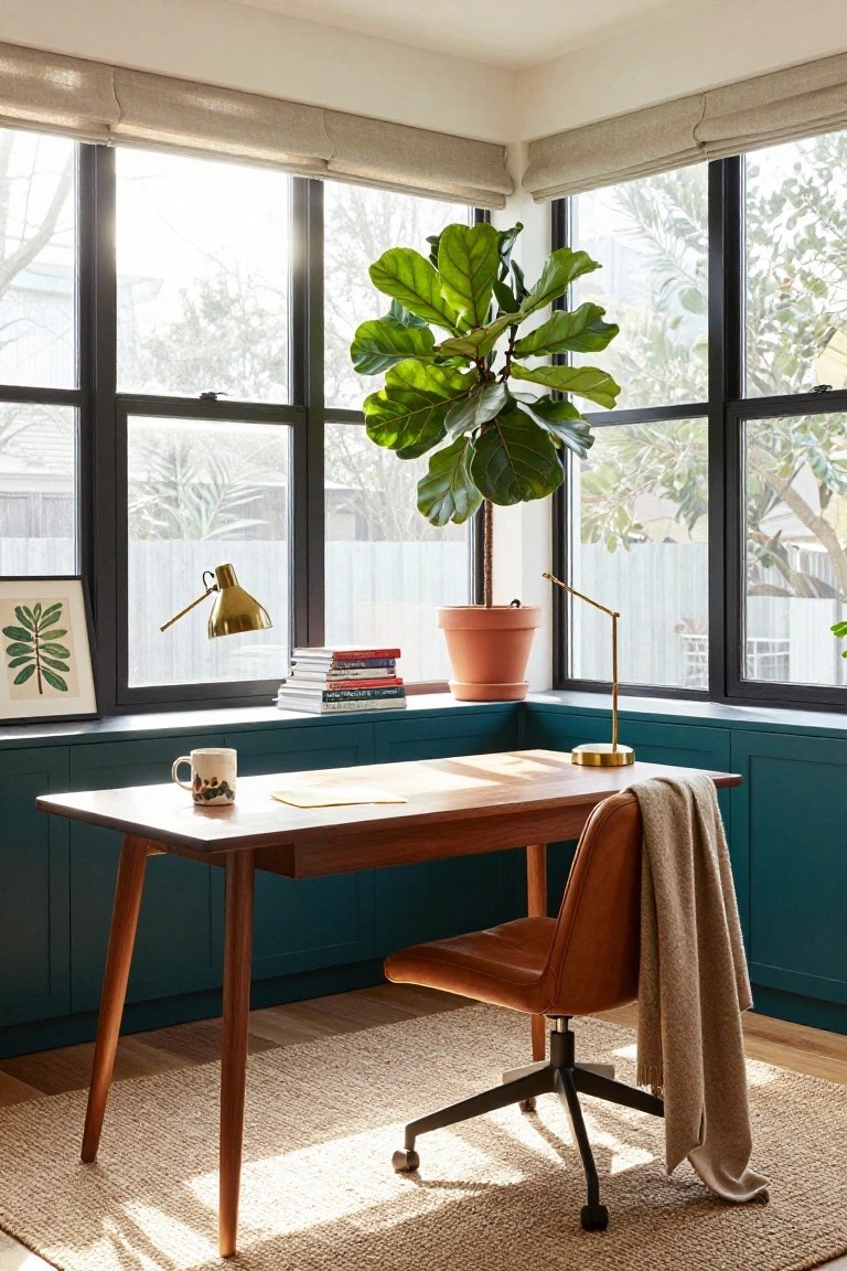 Corner home office with wooden desk, orange leather chair, large potted fiddle leaf fig plant beside teal built-in cabinets, gold desk lamp, books, mug, and sunlight through black-framed windows with linen shades.