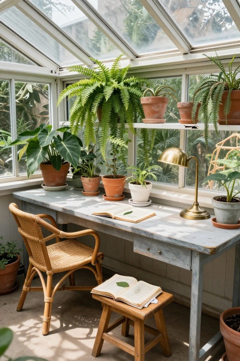 Glass-enclosed sunroom office with a wooden desk holding an open book and brass lamp, rattan armchair, footstool, and numerous potted plants including ferns, philodendrons, and alocasias on shelves, floor, and windowsills.