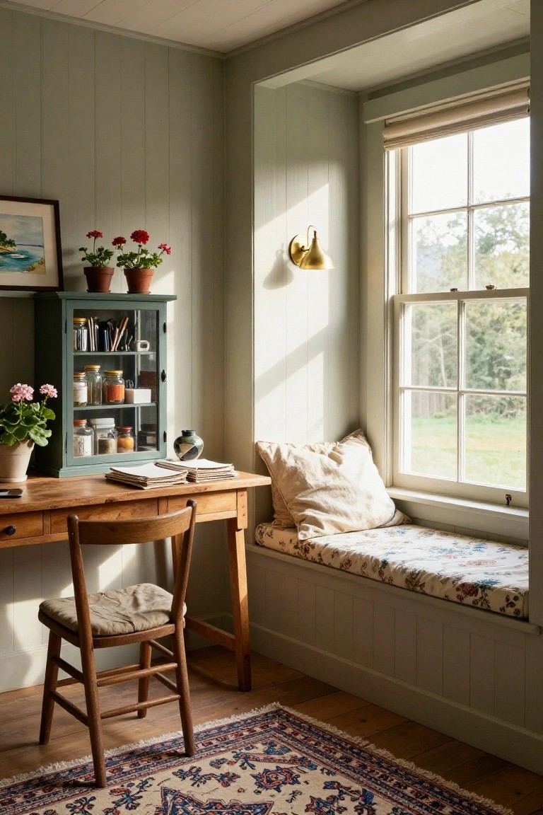 Sage green paneled interior room with wooden desk and chair, glass-fronted green cabinet stocked with jars, potted plants, open books on desk, and cushioned window bench by large multi-pane window overlooking trees and field.