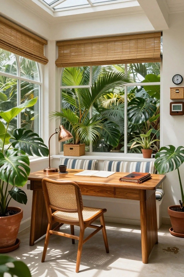 Wooden desk with woven chair in a sunlit plant-filled study.