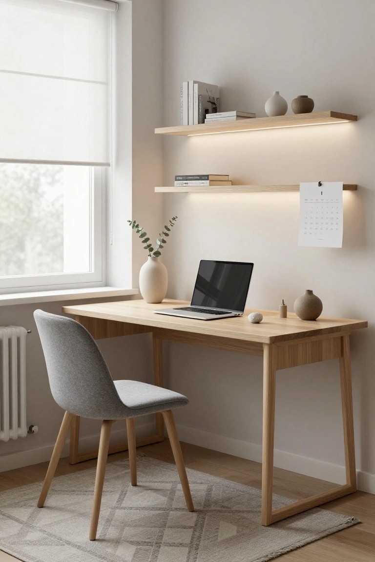 A light-filled home office with a wooden desk, gray upholstered chair, floating oak shelves with integrated LED lighting holding books and ceramics, potted plants, a wall calendar, and a window covered by sheer roller blinds.