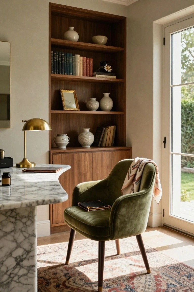 Home office in a sunlit room with tall walnut built-in shelves displaying books, white ceramics, and a flower, curved white marble desk, green velvet armchair with draped scarf, brass lamp, and glass door to garden.