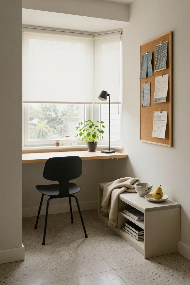 Minimalist indoor office nook featuring a black molded chair at a light wood floating desk under a corner window with sheer roller blinds, a desk lamp, potted plant, jars, and corkboard on the wall beside a beige bench with books and a pear.