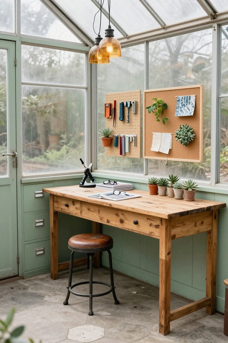Sunroom office interior with wooden workbench desk, brown leather swivel stool, adjacent pegboard holding tools and small potted plants, several succulents on desk and shelves, and glass walls overlooking garden.