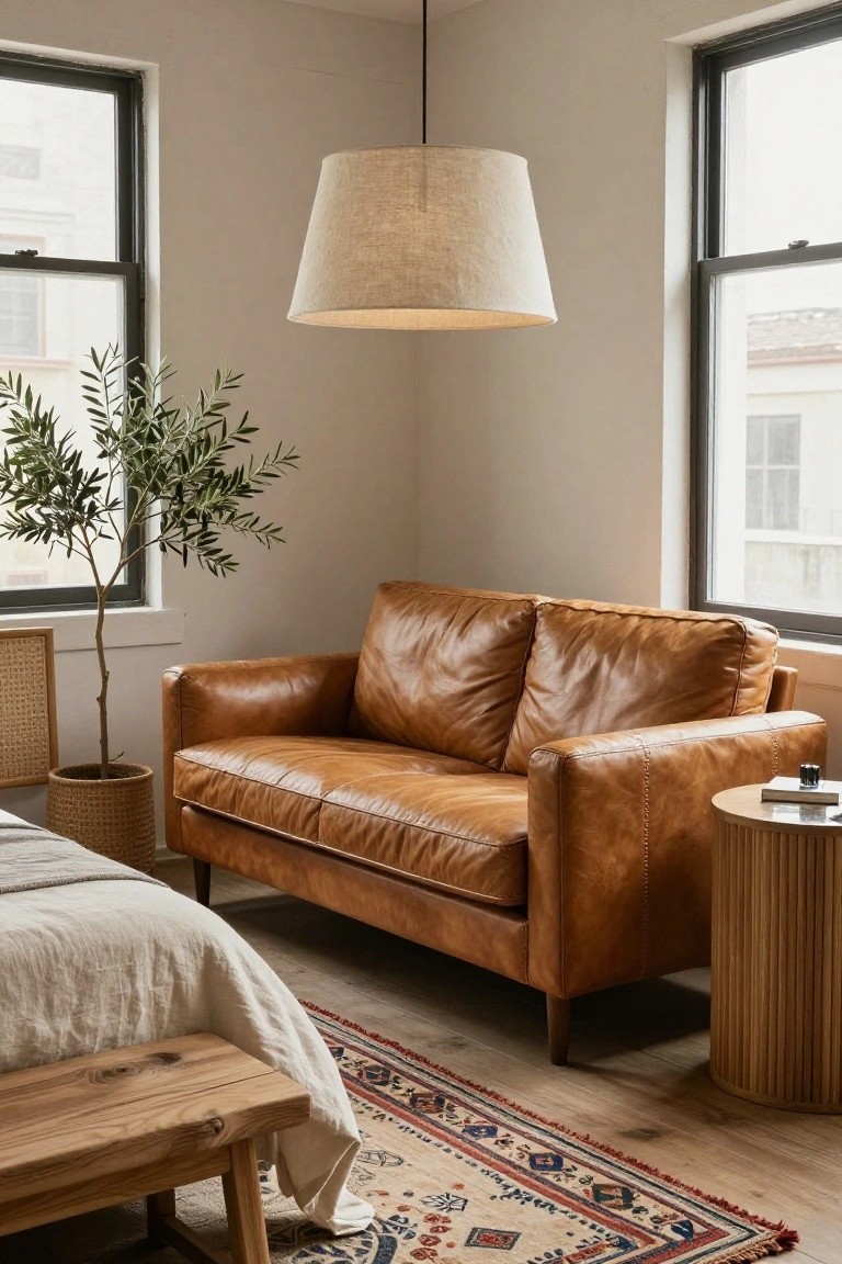 Corner of a beige bedroom with tan leather two-seater sofa next to potted olive tree, rattan basket, wood side table with book, linen bed on wood bench, and multicolored Persian rug on hardwood floor under large fabric pendant lamp.