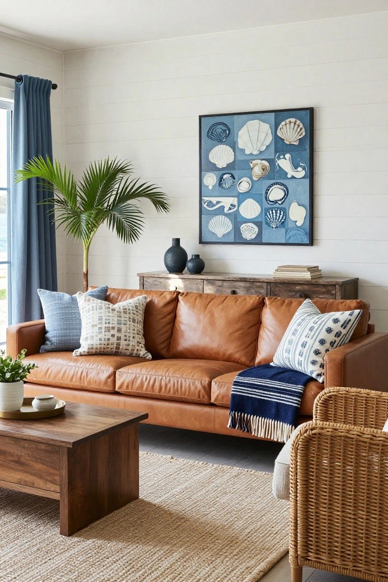 Tan leather three-seater sofa with blue and white pillows and navy throw in a white shiplap-walled living room featuring blue curtains, shell artwork, palm plant, wooden console and coffee tables, rattan chair, and seagrass rug.