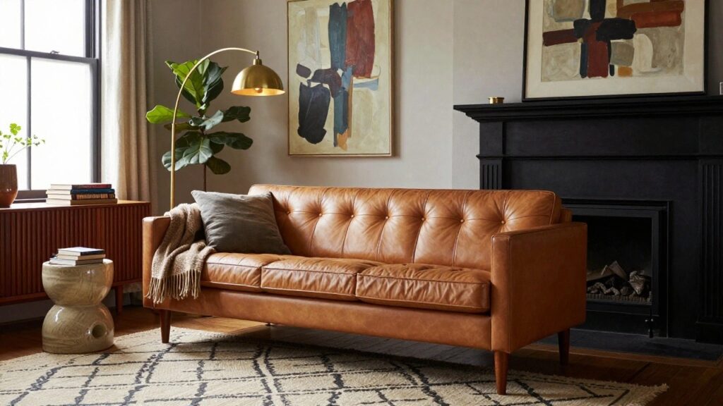 Living room with tan leather sofa facing black fireplace mantel, wooden credenza with books beside it, gold arc lamp, potted fiddle leaf fig plant, and abstract wall art.