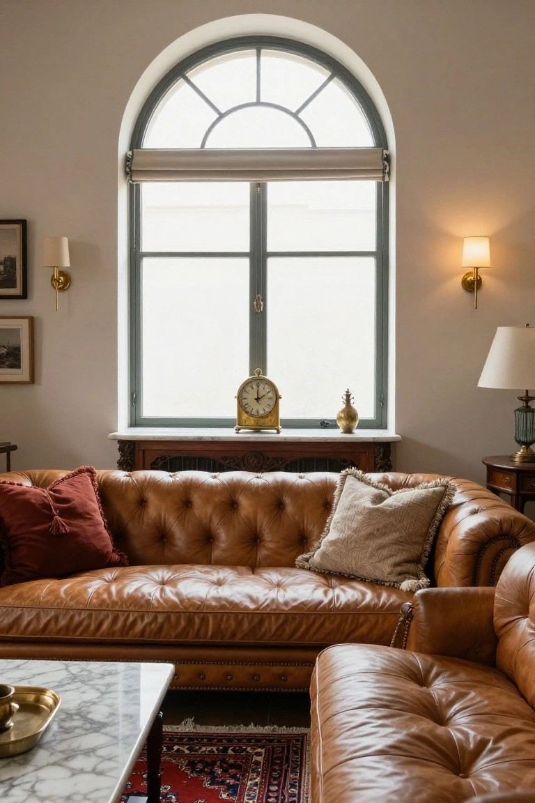 Living room corner with two tan button-tufted leather sofas in L-shape around a white marble coffee table on a red Persian rug, arched green window with gold clock and vase on sill, beige walls, wall sconces, and table lamps.