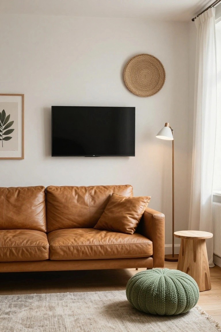 White-walled living room with tan leather L-shaped sofa, wood floor lamp, wood stool, green knitted pouf on beige rug, rattan wall basket, leaf print artwork, and mounted black TV.