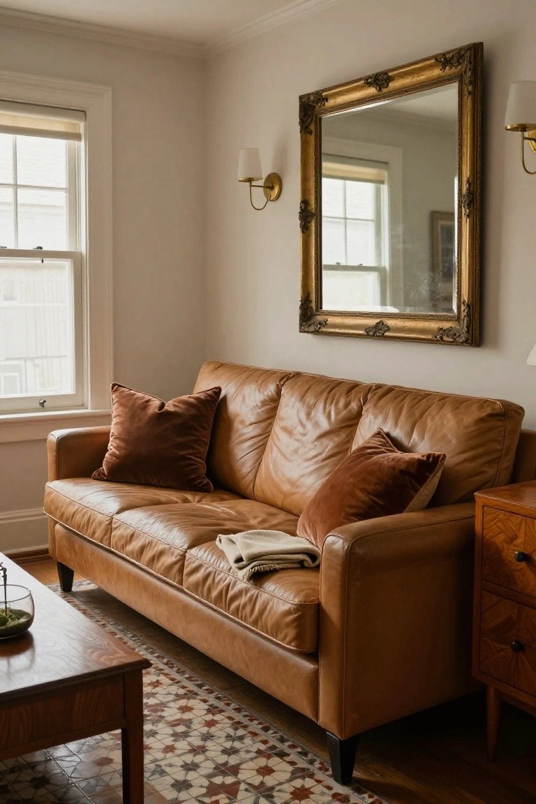 Tan leather sofa with rust velvet pillows and cream throw blanket in a light beige room, large ornate gold-framed mirror on wall above sofa, wooden coffee table and side table, patterned rug on hardwood floor.