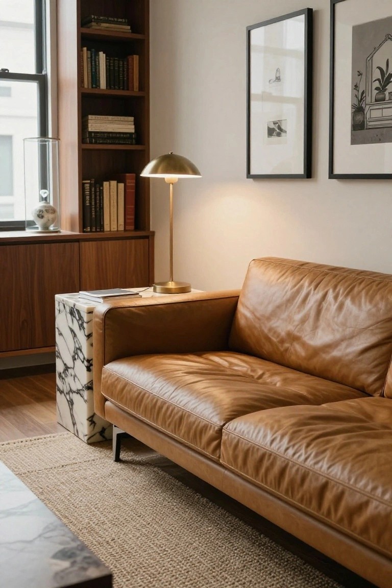 Tan leather sofa positioned beside tall wooden bookshelves in a light-filled room with a marble side table, brass lamp, and black-framed artwork on white walls.