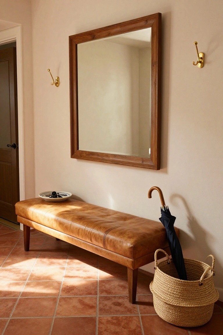 Entryway interior with tan leather bench on terracotta tile floor, large wood-framed mirror on beige wall, gold coat hooks, white dish holding keys on bench, black umbrella in seagrass basket.