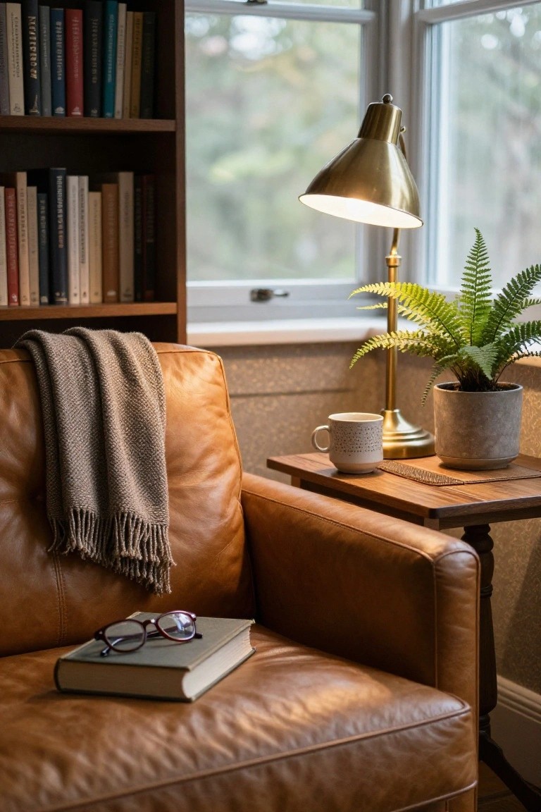 Tan leather armchair draped with a gray knit throw blanket, an open book and tortoise-shell glasses on the seat, next to a wooden side table with a white speckled mug, lit brass lamp, and potted fern, bookshelves and window with trees in background.
