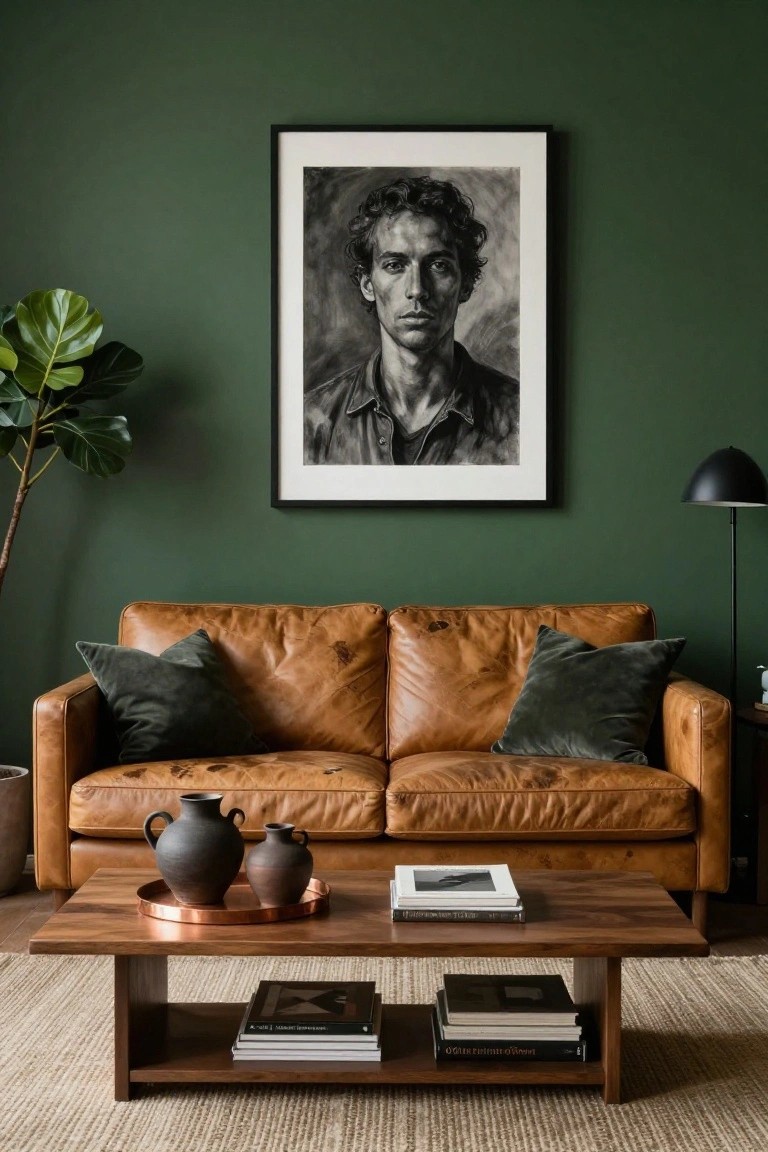 Tan leather sofa with green velvet pillows in a deep green-walled living room, black-framed charcoal portrait on wall, fiddle leaf fig plant, black arched floor lamp, wooden coffee table with books, black ceramic vases on copper tray, seagrass rug.