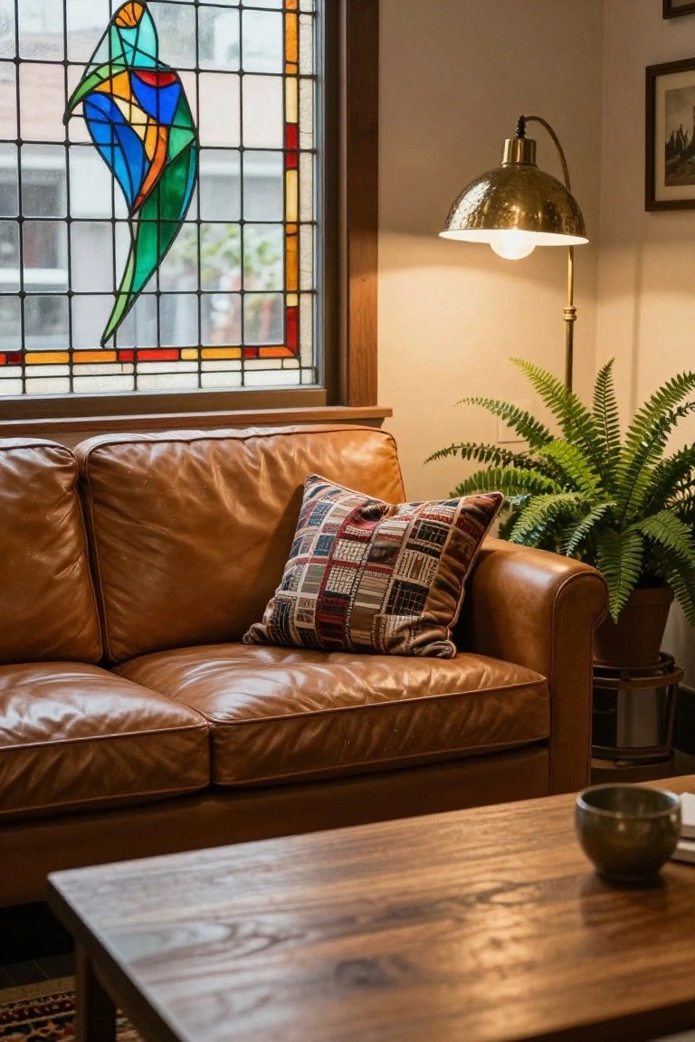Tan leather sofa in a cozy room interior with stained glass window featuring abstract bird design, brass arched floor lamp, potted fern plant, plaid throw pillow, wooden coffee table, and small metal bowl.