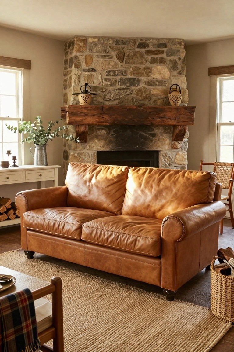 Tan leather two-seater sofa positioned in front of a corner stone fireplace with wooden mantel in a light-walled living room featuring windows, side tables, and a seagrass rug.
