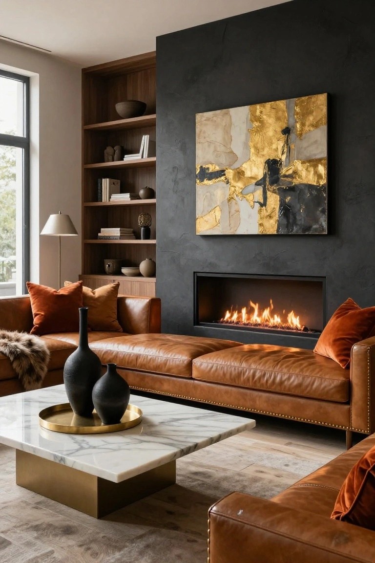 Modern living room with tan leather L-shaped sofa facing a linear gas fireplace set into a black textured wall, flanked by wood shelves with books and ceramics, orange pillows, fur throw, and white marble coffee table with gold tray and black vases.