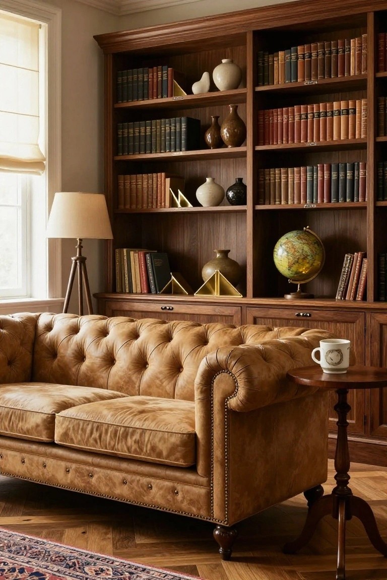 Tan tufted leather sofa in front of wooden bookshelves filled with books, ceramics, and a globe in a warmly lit study with a lamp, side table, and patterned rug.