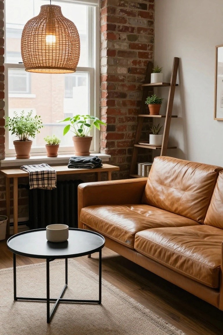 Tan leather sofa in a living room with exposed brick wall, potted plants on windowsill and wooden ladder shelf, rattan pendant light overhead, wooden bench with radiator below window, and black metal coffee table with white bowl.