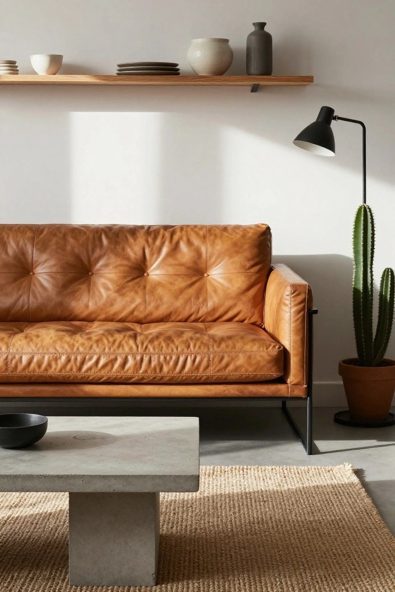 Tan tufted leather sofa in a white living room with oak floating shelves holding ceramics and vases, black arc floor lamp, concrete coffee table with black bowl, seagrass rug, and potted cactus plant beside the sofa.