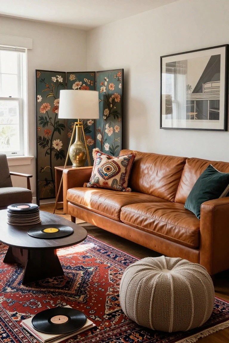 Sunlit living room corner with tan leather sofa on red and navy Persian rug, low wood coffee table holding stacked black vinyl records, colorful ikat and green pillows on sofa, cream knit pouf, gold floor lamp by painted floral screen, and armchair nearby.