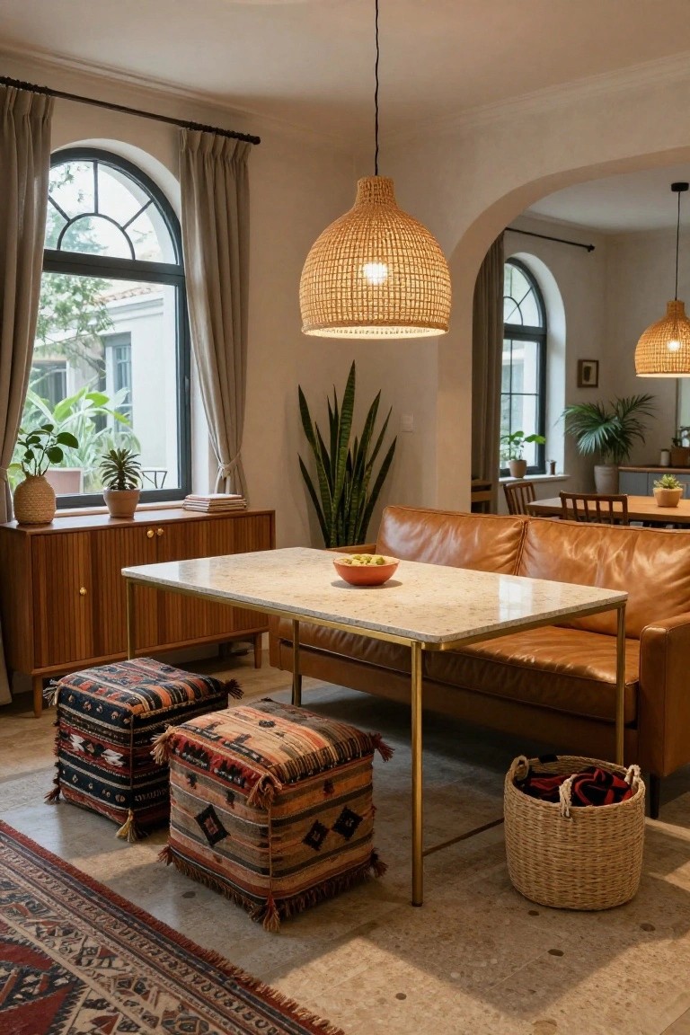 Tan leather L-shaped sofa in a white-walled living room with arched windows and openings, facing a rectangular white marble coffee table on brass legs, flanked by colorful patterned poufs, rattan pendant lights, plants, and a woven basket.